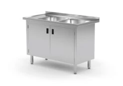 Edelstahl Gastro-Spültisch Mit 2 Spülbecken (rechts) & 2 Scharniertüren + Arbeitsfläche | AISI 430 Qualität | HxBxT 85x110x70