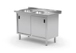 Edelstahl Gastro-Spültisch Mit 2 Spülbecken (links) & 2 Schiebetüren + Arbeitsfläche | AISI 430 Qualität | HxBxT 85x180x70 -Küche Utensilien Laden c37c8176 39ed 413f beca 8ba9e643ec4c
