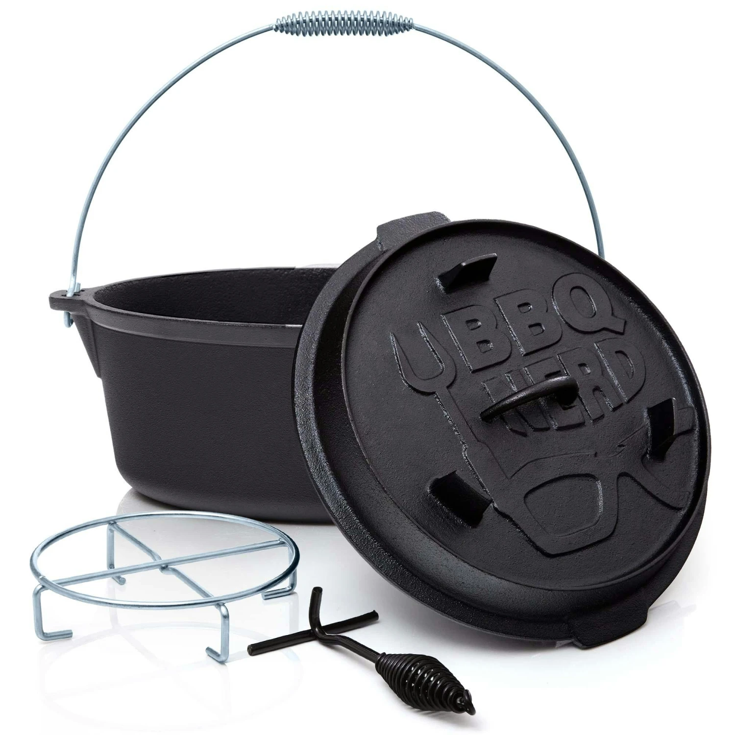 BBQ-Nerd© Dutch Oven "Professional" 7,3L Mit Ständer | Bereits Eingebrannt | Gusseisen Feuertopf Mit Deckel Und Integr. Bratpfanne und Deckelheber
